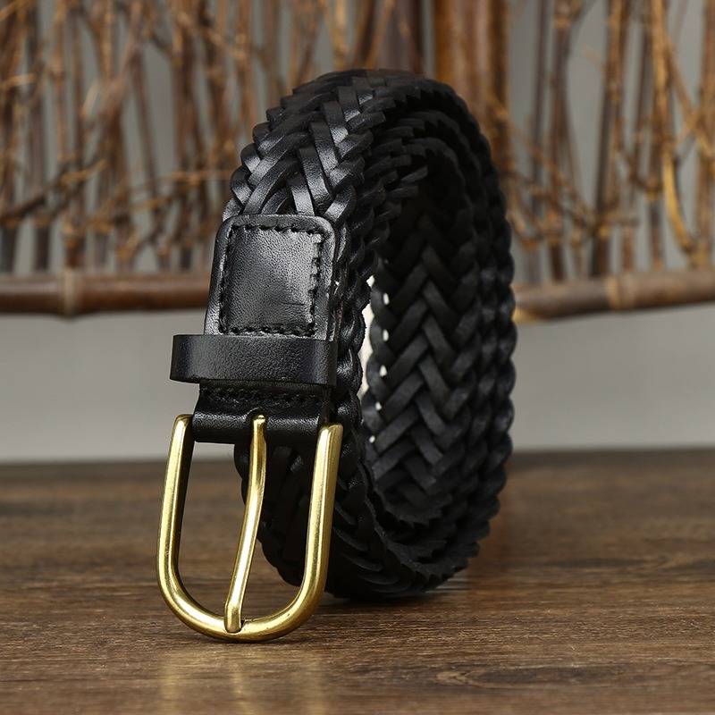 Black unisex braided leather belt — main