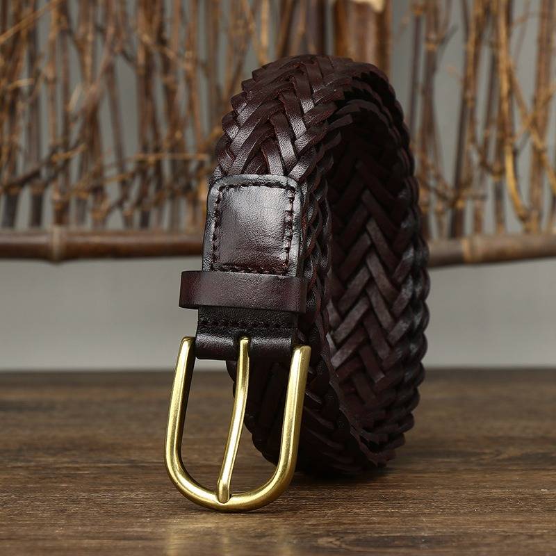 Dark brown unisex braided leather belt — detail 2