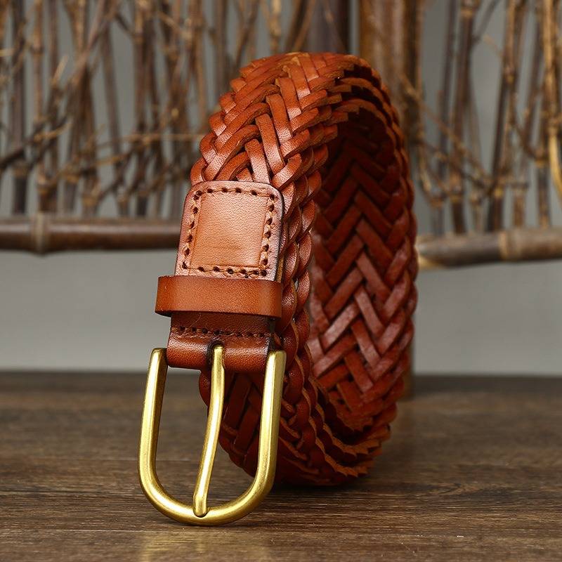 Red brown unisex braided leather belt