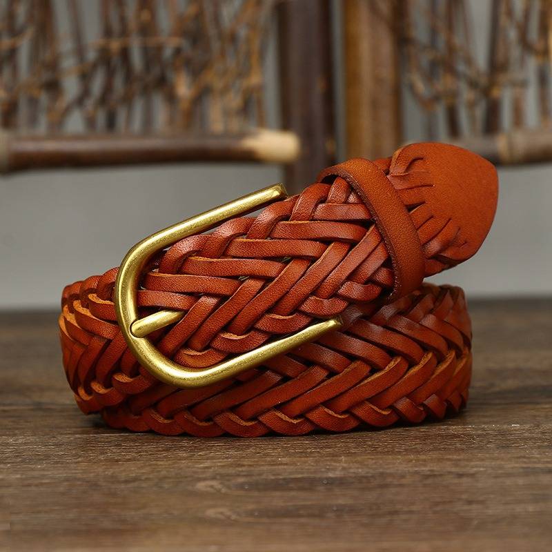 Red brown unisex braided leather belt detail
