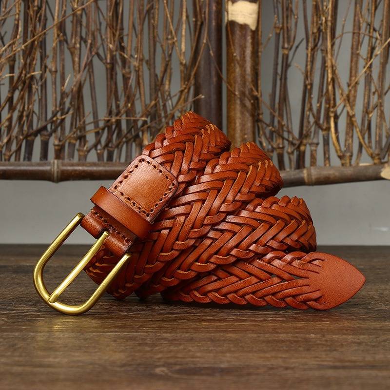 Red brown unisex braided leather belt buckle