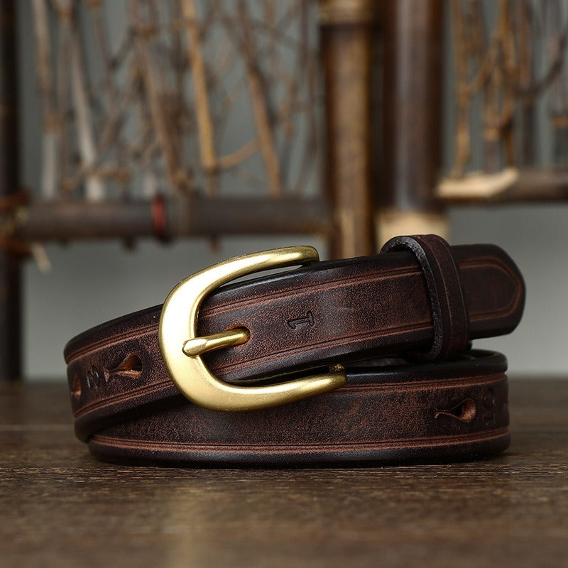 Dark brown women's vintage fashion leather belt detail
