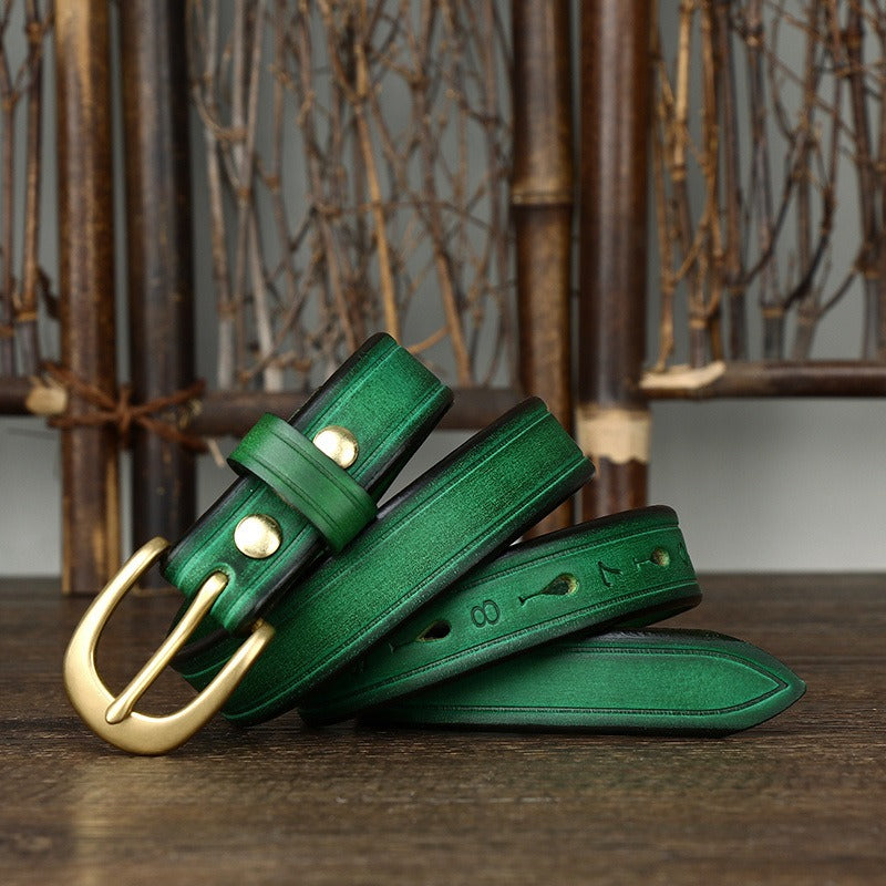 Green women's vintage fashion leather belt detail
