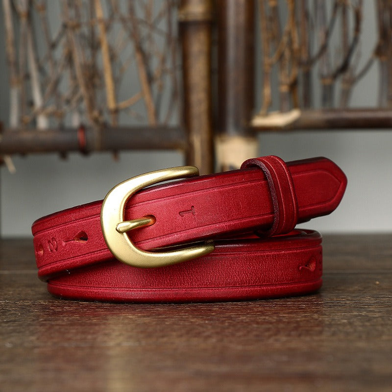 Red women's vintage fashion leather belt detail