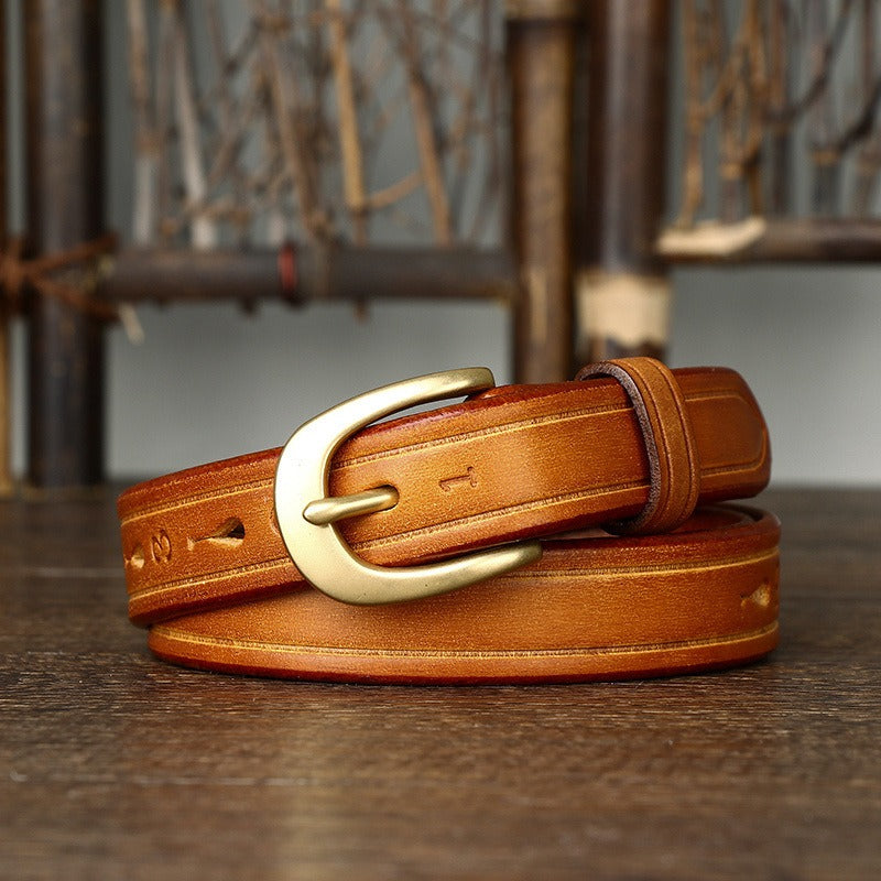 Yellow brown women's vintage fashion leather belt detail