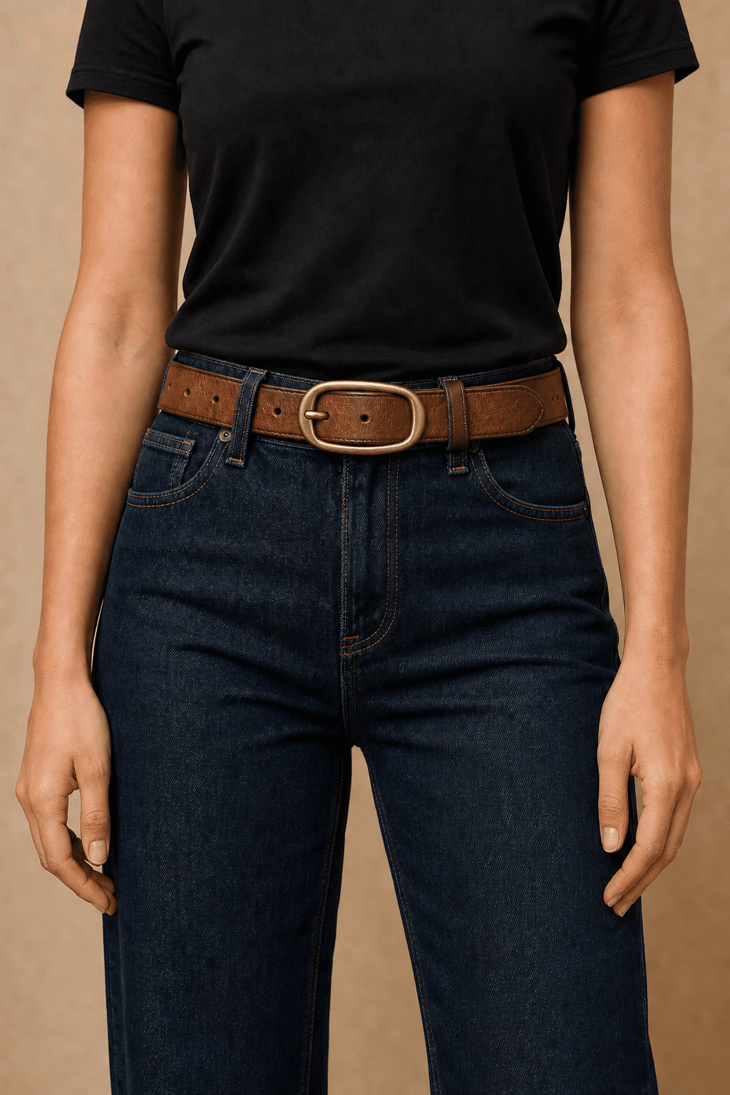 Dark brown women's pleated matte leather belt — model shot