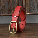 Red women's pleated matte leather belt detail