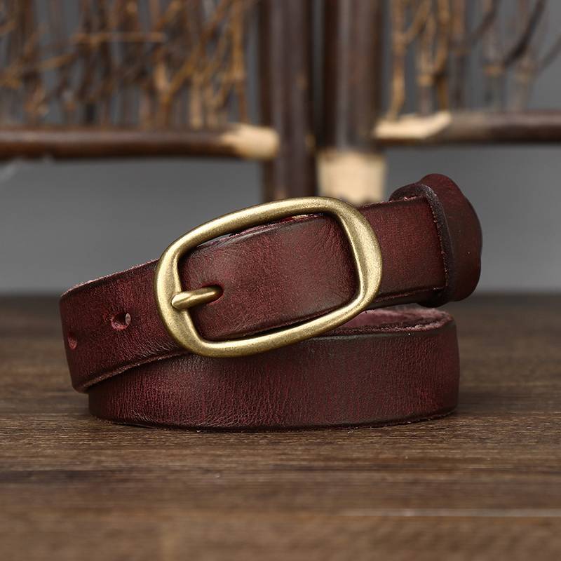 Red brown women's pleated matte leather belt