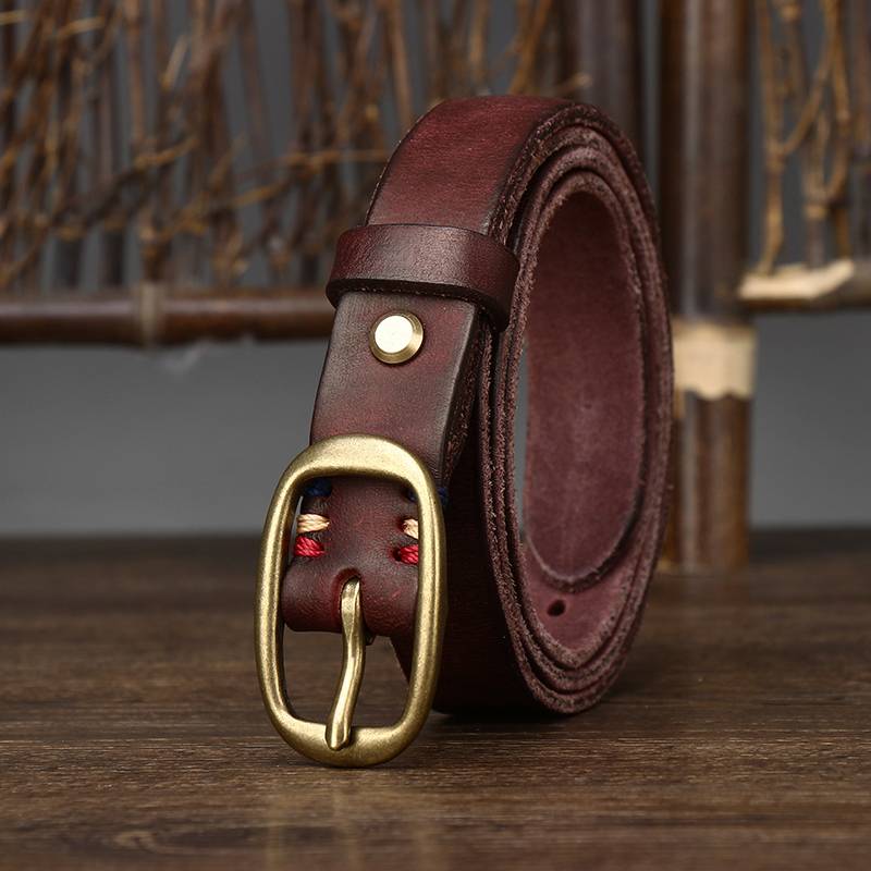 Red brown women's pleated matte leather belt detail