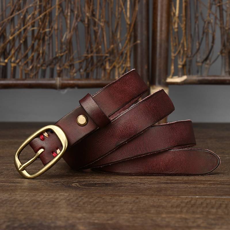 Red brown women's pleated matte leather belt buckle
