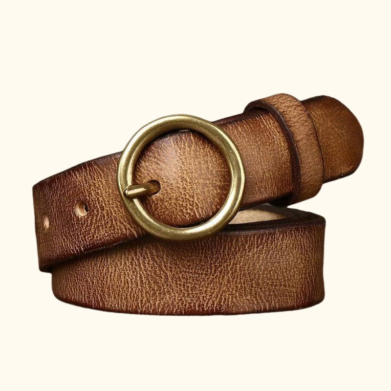 Brown women's vintage round buckle leather belt — main