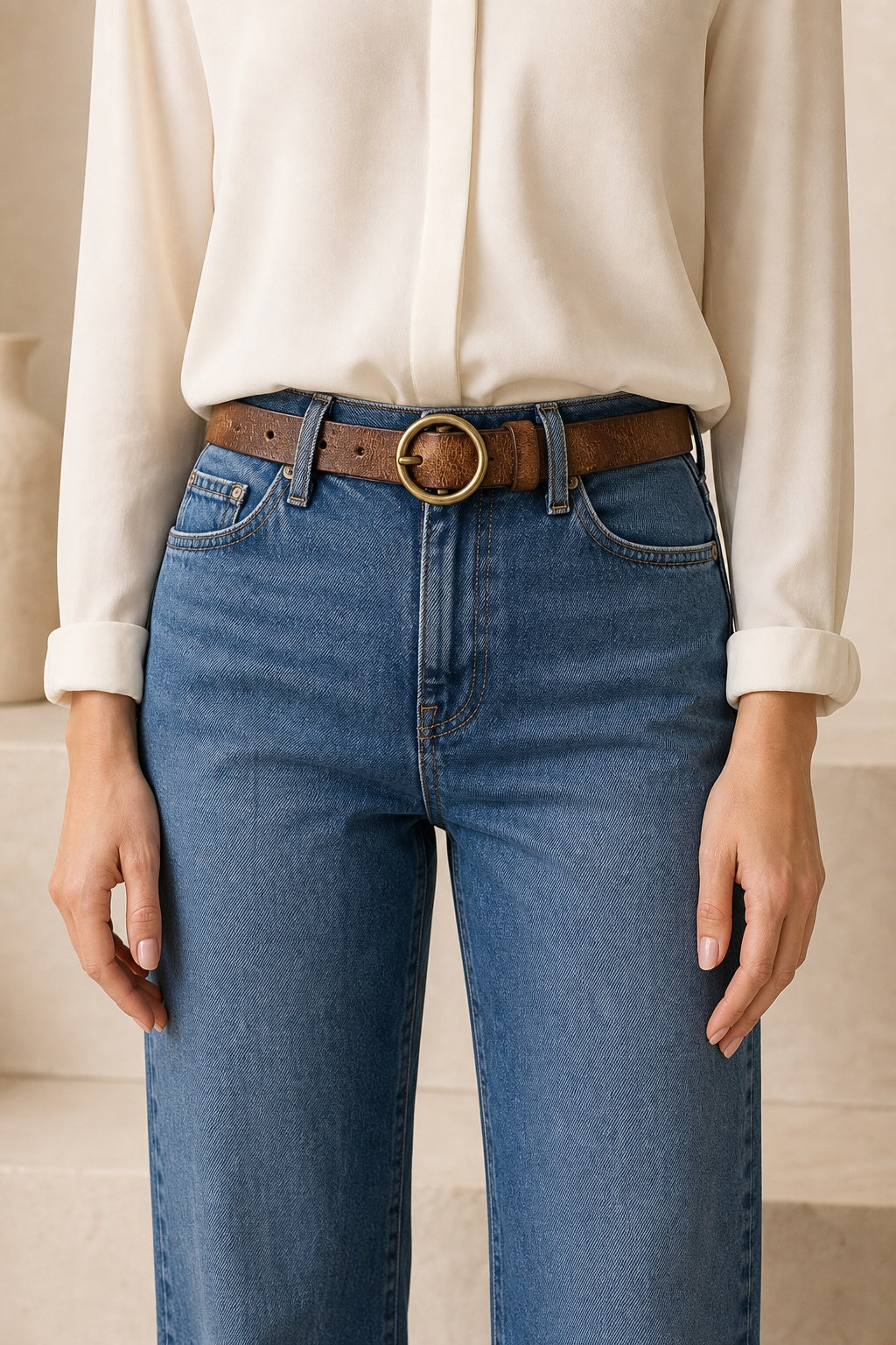 Brown women's vintage round buckle leather belt — model shot 2