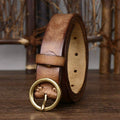 Brown women's vintage round buckle leather belt — detail