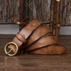 Brown women's vintage round buckle leather belt — side view