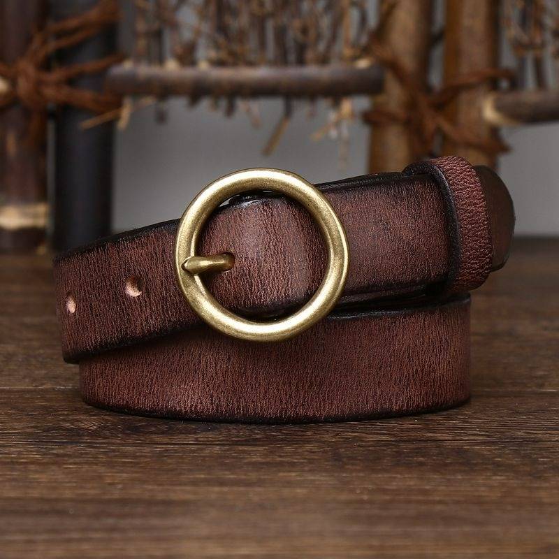 Dark brown women's vintage round buckle leather belt buckle