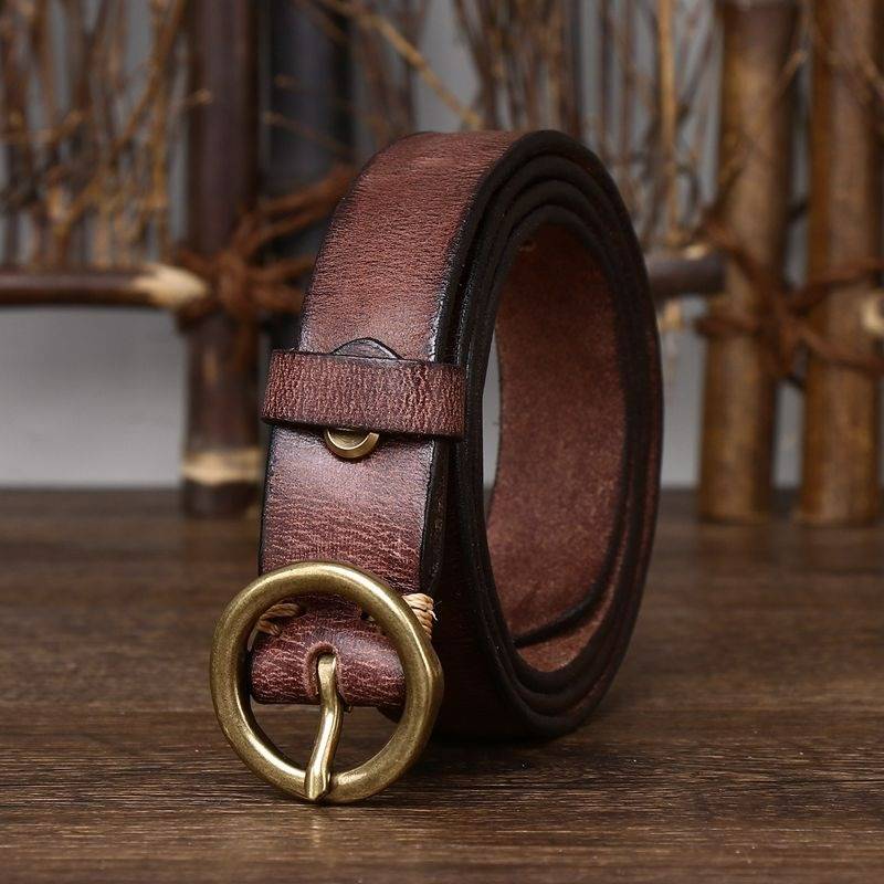 Dark brown women's vintage round buckle leather belt
