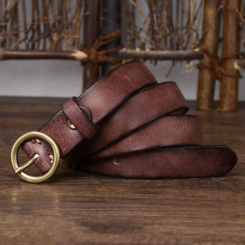 Dark brown women's vintage round buckle leather belt detail