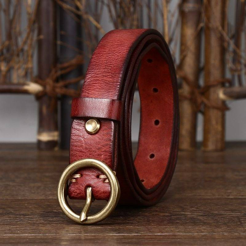 Dark red women's vintage round buckle leather belt