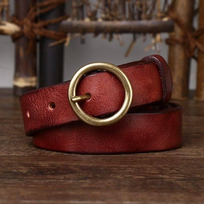 Dark red women's vintage round buckle leather belt detail