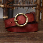 Dark red women's vintage round buckle leather belt detail