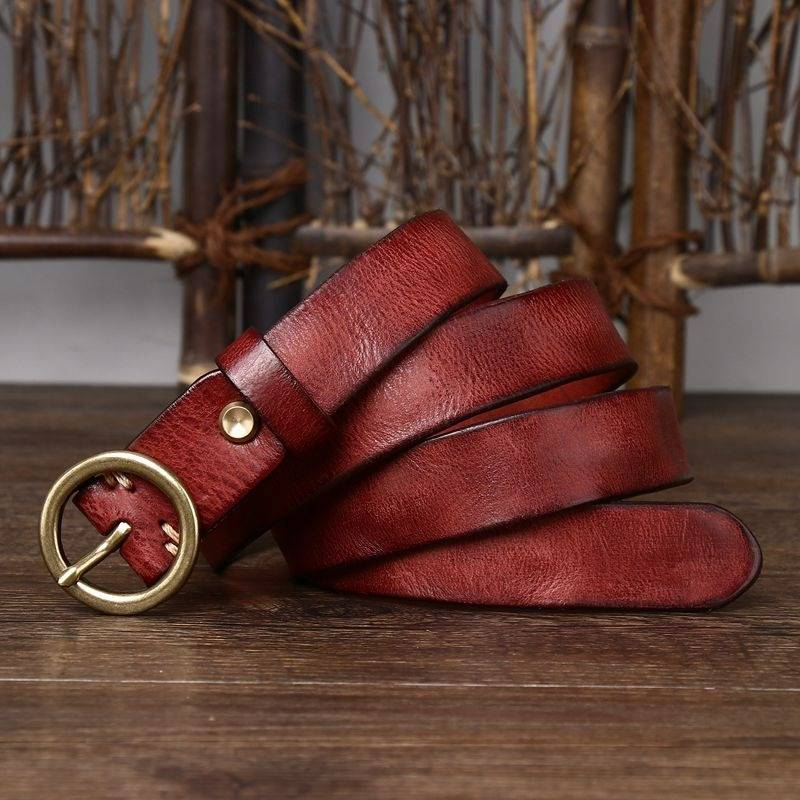 Dark red women's vintage round buckle leather belt buckle