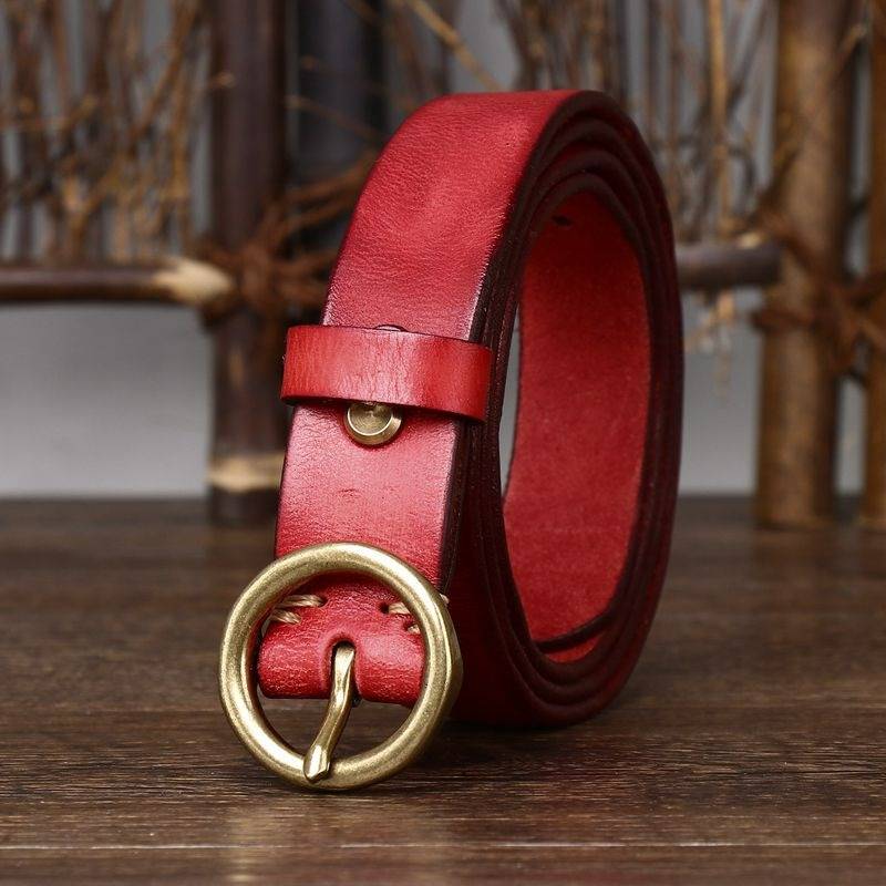 Red women's vintage round buckle leather belt