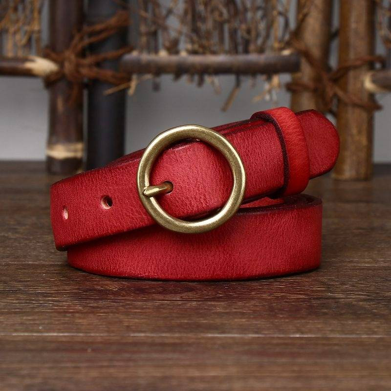 Red women's vintage round buckle leather belt detail