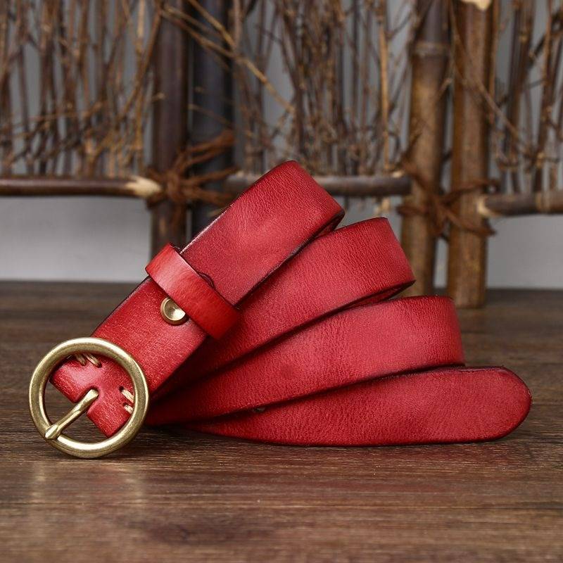 Red women's vintage round buckle leather belt buckle
