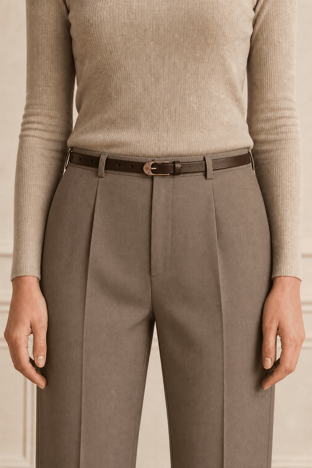 Dark brown women's slim leather belt — model shot