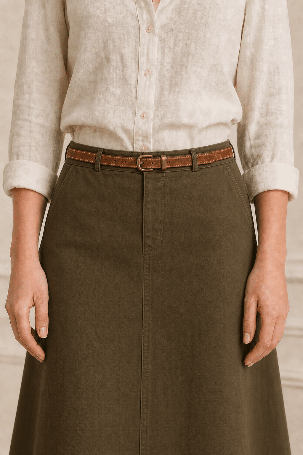 Woman wearing a brown stitched belt
