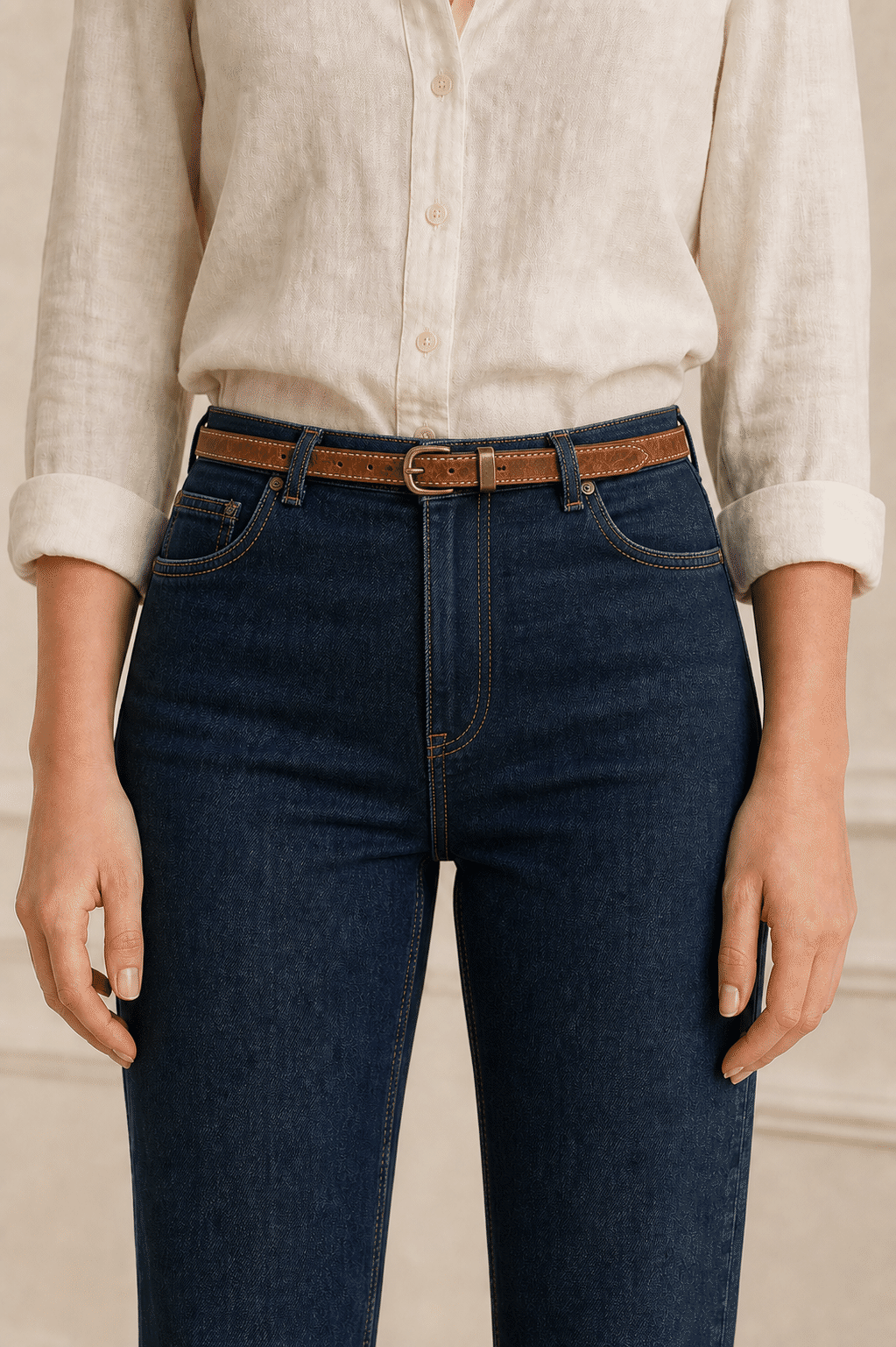 Brown belt worn at the waist, close-up