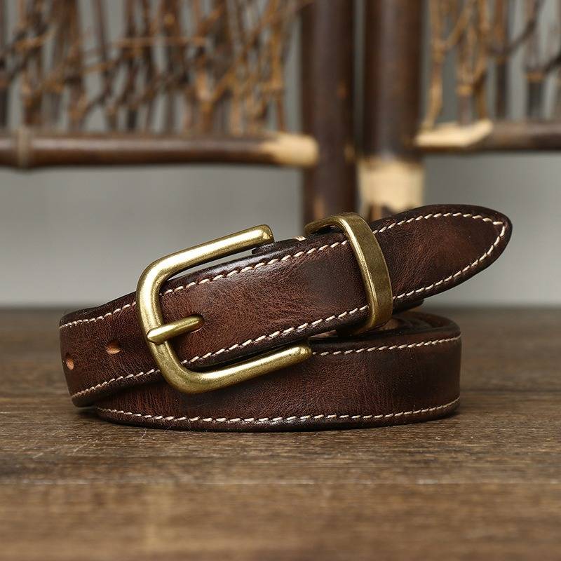 Dark brown women's belt, brass buckle