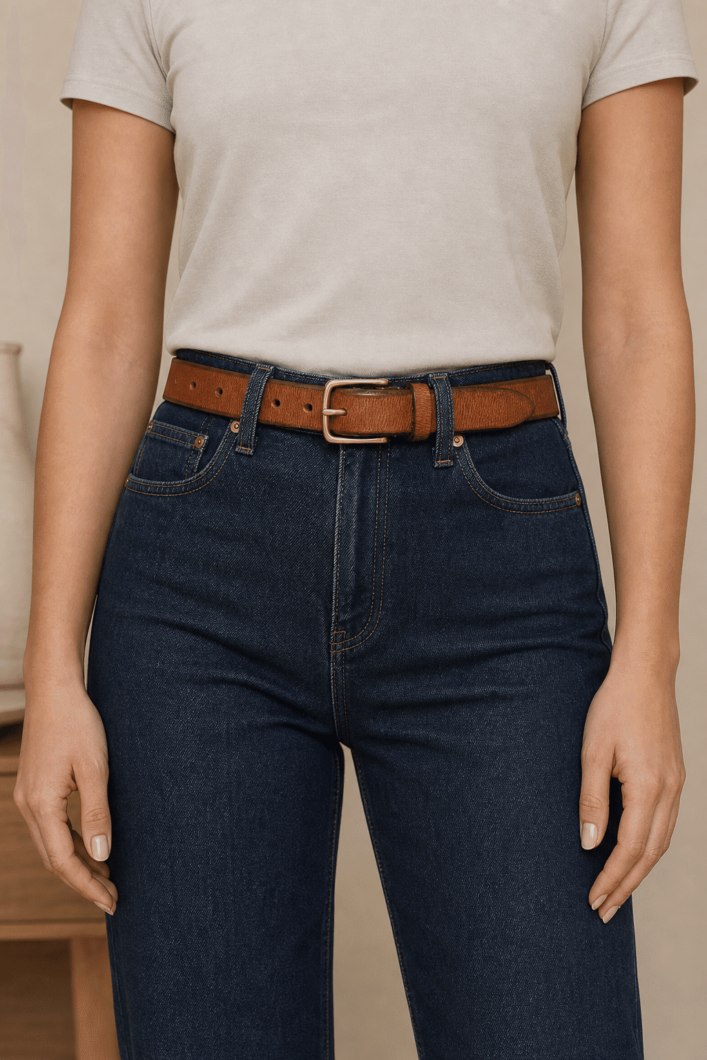 Woman wearing a brown thick belt