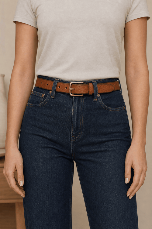 Woman wearing a brown thick belt