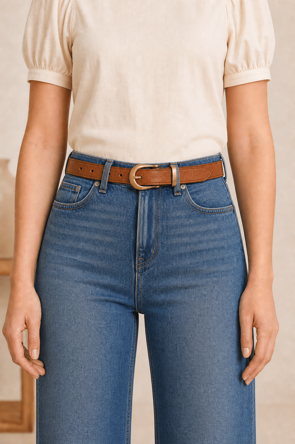 Woman wearing a brown western belt