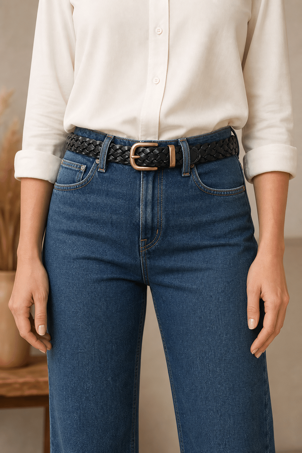 Woman wearing a black woven belt