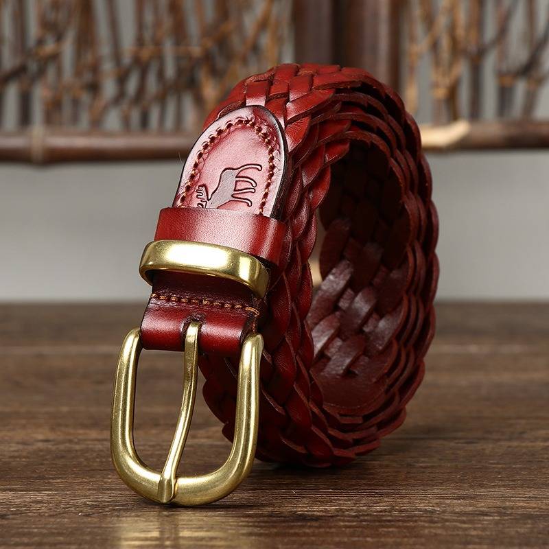 Red women's belt, coiled view